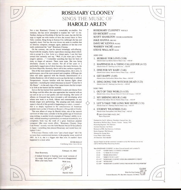 Rosemary Clooney - Rosemary Clooney Sings The Music Of Harold Arlen (LP) (VG+) - Endless Media