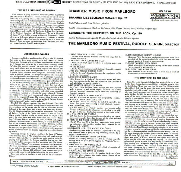 Johannes Brahms / Franz Schubert, Rudolf Serkin : Chamber Music From Marlboro (Liebeslieder Walzer, Op. 52 / The Shepherd On The Rock, Op. 129) (LP, Album)