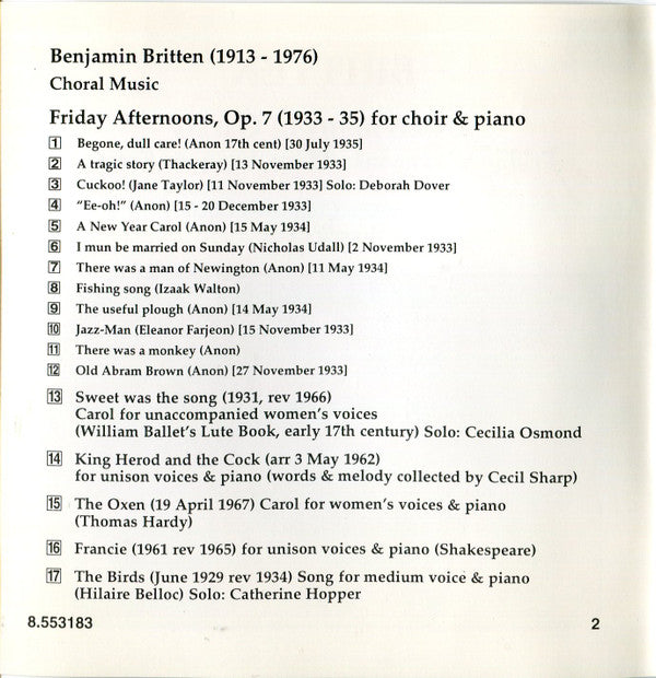 Benjamin Britten - New London Children's Choir, Ronald Corp : A Ceremony Of Carols / Friday Afternoons · Three Two-part Songs (CD, Album)