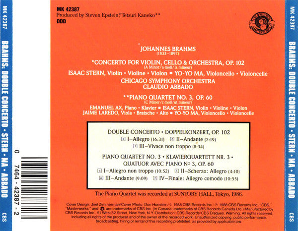 Johannes Brahms - Isaac Stern · Yo-Yo Ma · Claudio Abbado, Chicago Symphony Orchestra : Double Concerto · Piano Quartet, Op. 60 (CD, Album)