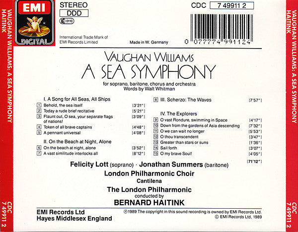 Ralph Vaughan Williams, Felicity Lott • Jonathan Summers, London Philharmonic Choir, London Philharmonic Orchestra, Bernard Haitink : A Sea Symphony (CD, Album)