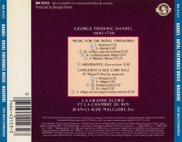 Georg Friedrich Händel, La Grande Ecurie Et La Chambre Du Roy, Jean-Claude Malgoire : Music For The Royal Fireworks (CD, Album)