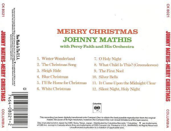 Johnny Mathis With Percy Faith & His Orchestra : Merry Christmas (CD, Album, RE)
