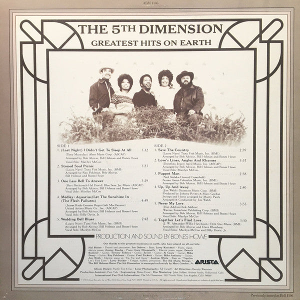 The Fifth Dimension : Greatest Hits On Earth (LP, Comp, RE)