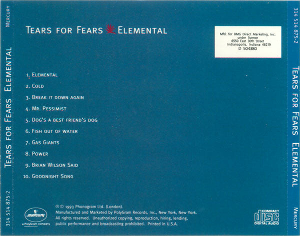 Tears For Fears : Elemental (CD, Album, Club)