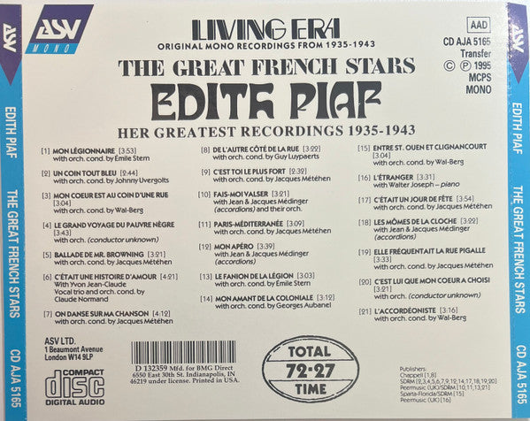 Edith Piaf : Her Greatest Recordings 1935-1943 (CD, Comp, Mono, Club)