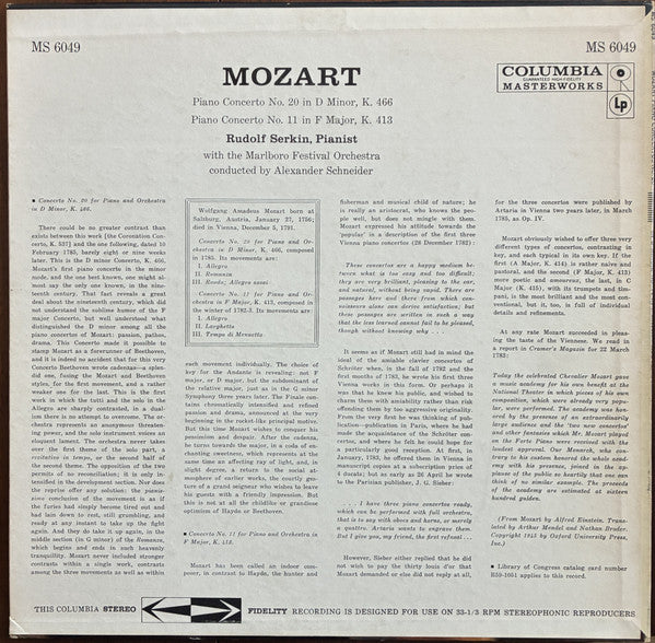 Rudolf Serkin / Alexander Schneider Conducts Marlboro Festival Orchestra / Wolfgang Amadeus Mozart : Piano Concertos No. 20 & 11 (LP)