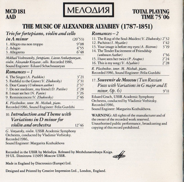 Александр Алябьев : The Music Of Alexander Alyabiev (CD, Comp)