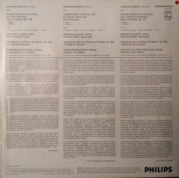 Johannes Brahms, Salvatore Accardo, Heinrich Schiff, Gewandhausorchester Leipzig, Kurt Masur : Doppelkonzert = Double Concerto / Haydn-Variationen (LP)