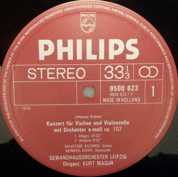 Johannes Brahms, Salvatore Accardo, Heinrich Schiff, Gewandhausorchester Leipzig, Kurt Masur : Doppelkonzert = Double Concerto / Haydn-Variationen (LP)