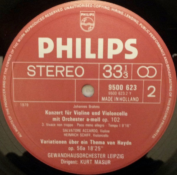 Johannes Brahms, Salvatore Accardo, Heinrich Schiff, Gewandhausorchester Leipzig, Kurt Masur : Doppelkonzert = Double Concerto / Haydn-Variationen (LP)