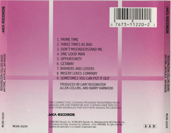 Rossington Collins Band : Anytime, Anyplace, Anywhere (CD, Album)