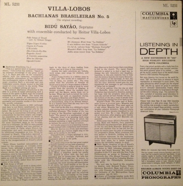 Bidú Sayão, Heitor Villa-Lobos : Bachianas Brasileiras No. 5 (The Original Recording) / Brazilian Folk Songs / Five Puccini Arias (LP, Mono)