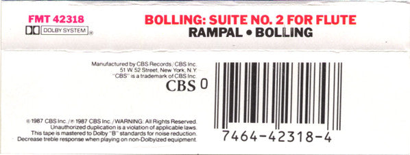 Jean-Pierre Rampal, Claude Bolling : Bolling: Suite No. 2 For Flute And Jazz Piano Trio (Cass)
