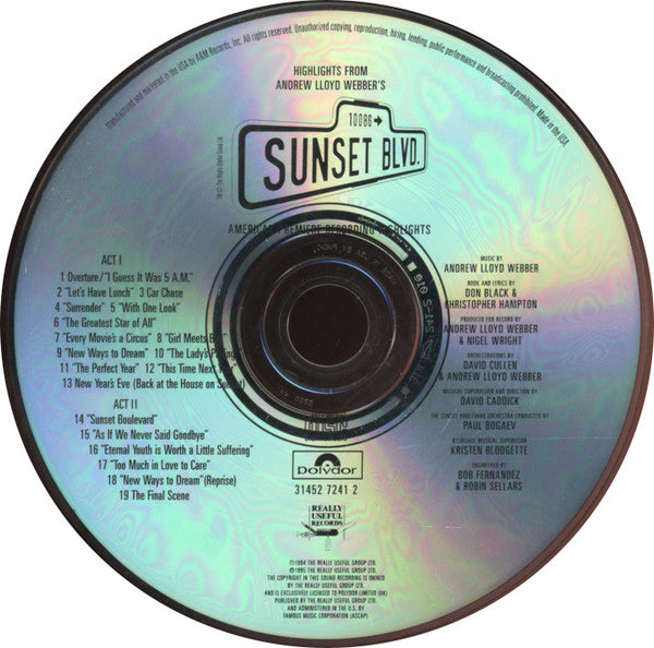 Sunset Boulevard 1994 Los Angeles Cast, Andrew Lloyd Webber : Highlights From Andrew Lloyd Webber's Sunset Boulevard (CD, Album)