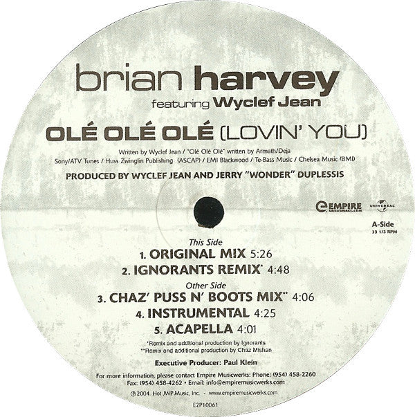 Brian Harvey Feat. Wyclef Jean - Olé, Olé, Olé (Lovin' You) (12") (VG+) - Endless Media