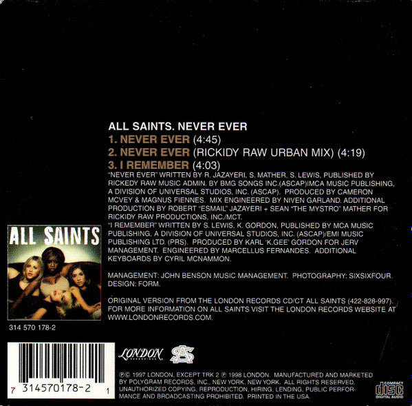 All Saints : Never Ever (CD, Single, Car)