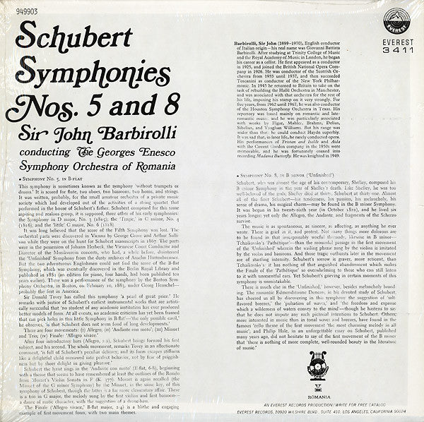Franz Schubert, Sir John Barbirolli Conducting Orchestra Simfonică A Filarmonicii De Stat "George Enescu" : Schubert Symphonies Nos. 5 And 8 (LP, Album, RE)