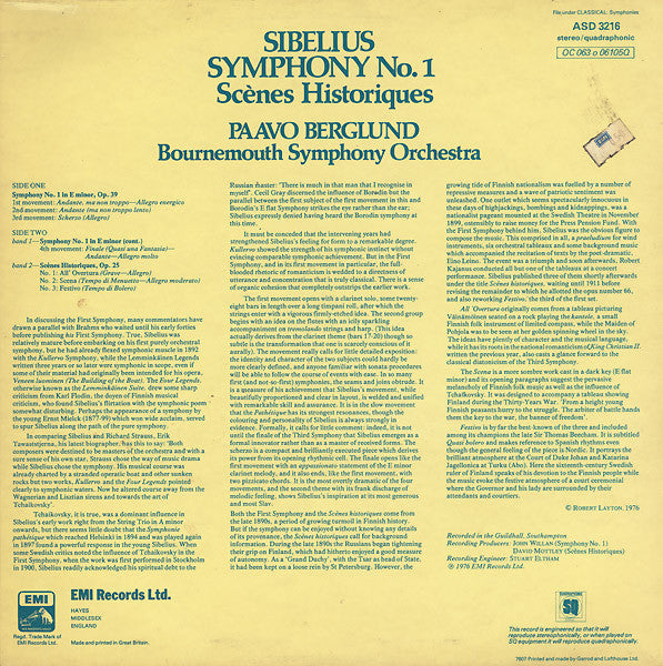 Jean Sibelius, Paavo Berglund, Bournemouth Symphony Orchestra : Symphony No. 1 / Scènes Historiques (LP, Quad)