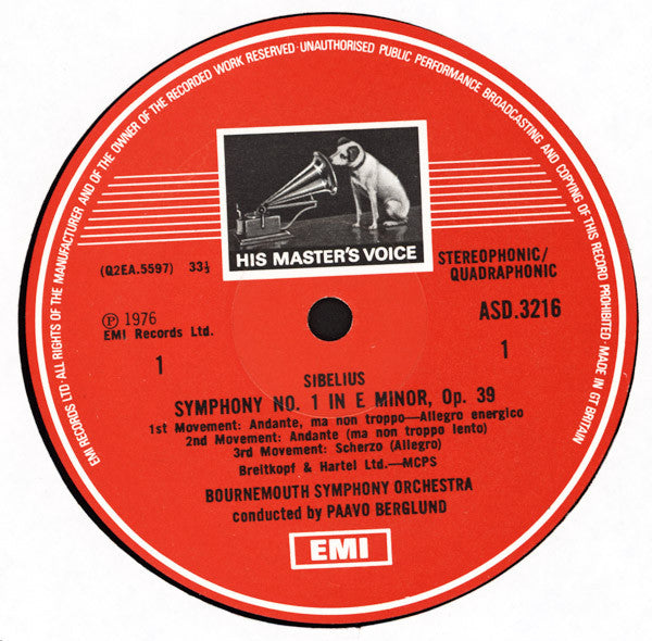 Jean Sibelius, Paavo Berglund, Bournemouth Symphony Orchestra : Symphony No. 1 / Scènes Historiques (LP, Quad)