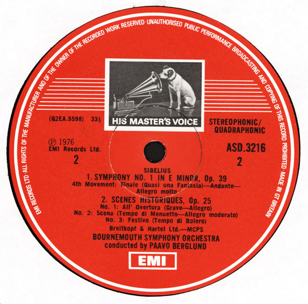 Jean Sibelius, Paavo Berglund, Bournemouth Symphony Orchestra : Symphony No. 1 / Scènes Historiques (LP, Quad)
