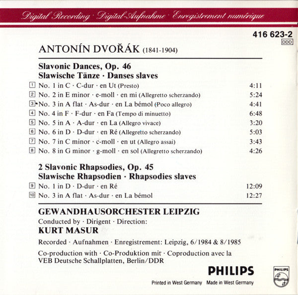 Antonín Dvořák - Gewandhausorchester Leipzig • Kurt Masur : Slavonic Dances Op. 46 / Slawische Tänze • Danses Slaves (CD, Album)