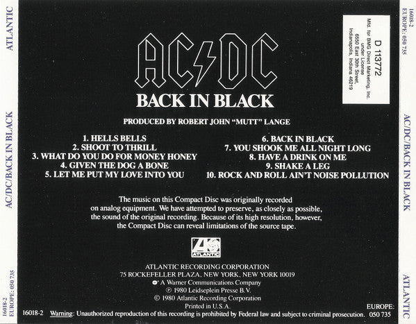 AC/DC : Back In Black (CD, Album, Club, RE, Spe)