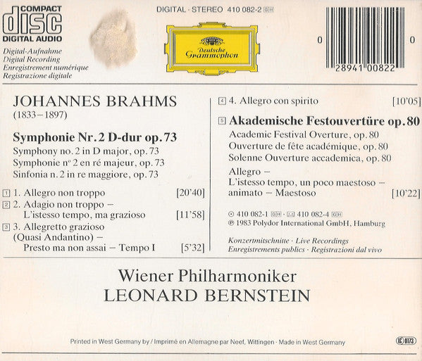 Johannes Brahms, Leonard Bernstein, Wiener Philharmoniker : Symphonie No.2 · Akademische Festouvertüre = Academic Festival Overture (CD, Album)