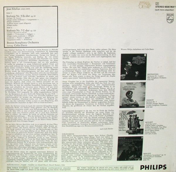 Jean Sibelius - Boston Symphony Orchestra / Sir Colin Davis : Sinfonien Nr. 5 Und 7 (LP)