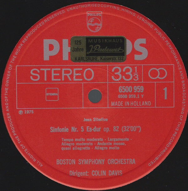 Jean Sibelius - Boston Symphony Orchestra / Sir Colin Davis : Sinfonien Nr. 5 Und 7 (LP)