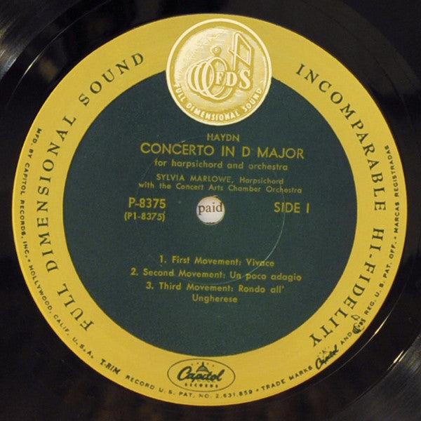 Joseph Haydn / Johann Sebastian Bach, Sylvia Marlowe, The Concert Arts Chamber Orchestra : Concerto In D Major / Concerto In D Minor For Harpsichord And Orchestra (LP, Album, Mono)