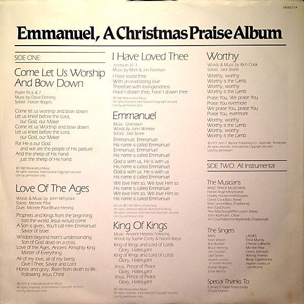 The Maranatha Singers & Praise Strings : Emmanuel, A Christmas Praise Album (LP, Album)