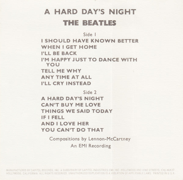 The Beatles : A Hard Day's Night (Cass, Album, Mono, RE, RM, XDR)