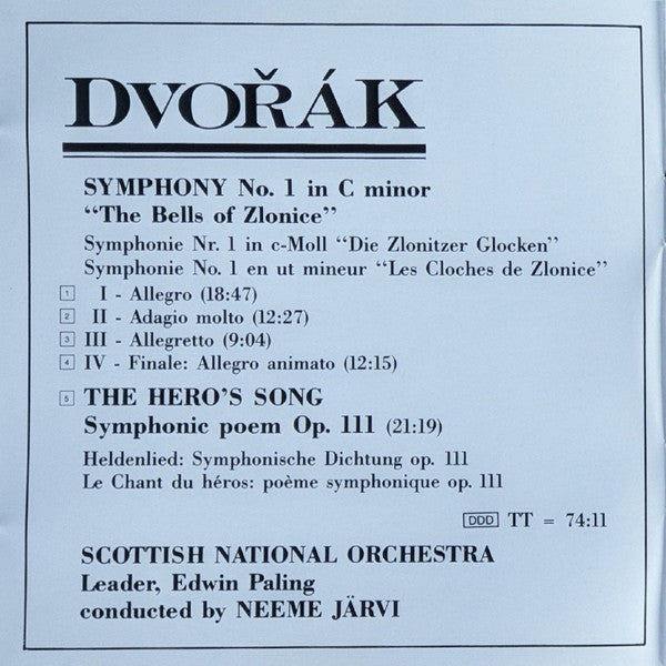 Antonín Dvořák / Royal Scottish National Orchestra Conducted By Neeme Järvi - Symphony No. 1 ' The Bells Of Zlonice' - The Hero's Song Symphonic Poem Op. 111 (CD) (VG+) - Endless Media