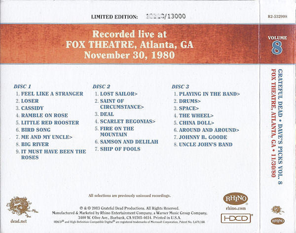 The Grateful Dead : Dave's Picks, Volume 8 (Fox Theatre, Atlanta, GA • 11/30/80) (3xHDCD, Album, Ltd, Num)