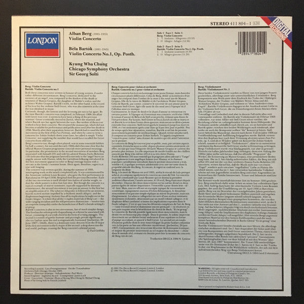 Alban Berg / Béla Bartók - Kyung-Wha Chung, Chicago Symphony Orchestra, Georg Solti : Violin Concerto / Violin Concerto No. 1 (LP, Album)