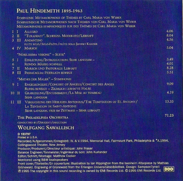 Paul Hindemith - Wolfgang Sawallisch, The Philadelphia Orchestra : Mathis Der Maler - Symphonie / Symphonic Metamorphosis Of Themes By Carl Maria Von Weber / Nobilissima Visione - Suite (CD, Club)