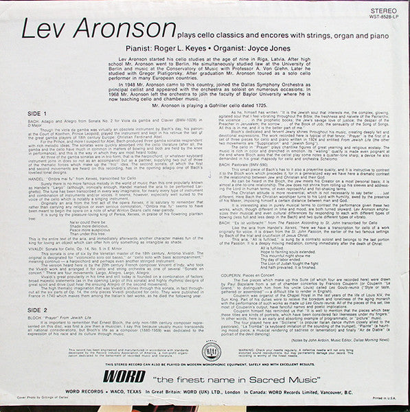 Lev Aronson : Plays Cello Classics And Encores With Strings, Organ And Piano (LP)
