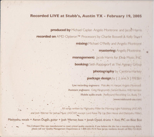 Matisyahu : Live At Stubb's (CD, Album, Enh)