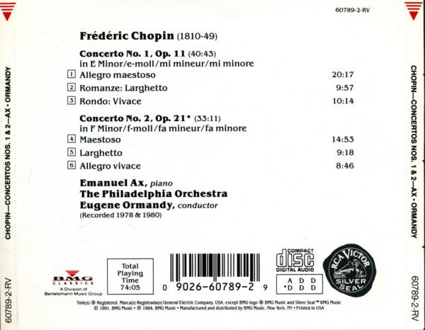 Frédéric Chopin - Emanuel Ax, The Philadelphia Orchestra, Eugene Ormandy : Piano Concertos Nos. 1 & 2 (CD, Album)
