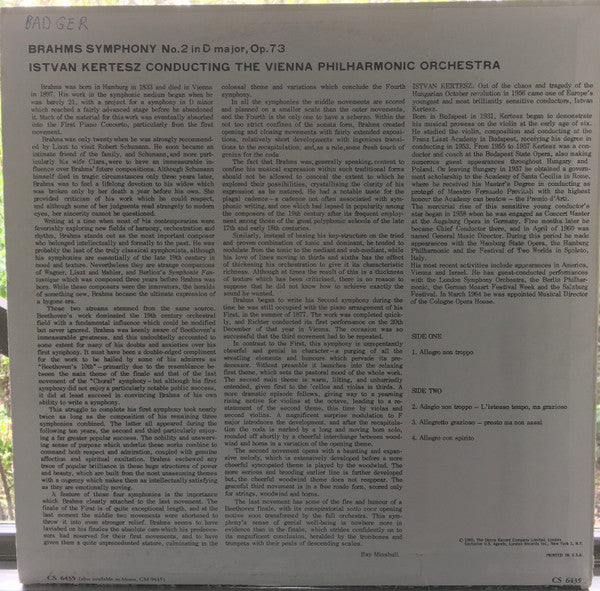 Johannes Brahms, István Kertész, Wiener Philharmoniker : Symphony No. 2 (LP, RE)