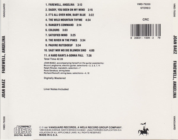 Joan Baez : Farewell, Angelina (CD, Album, Club, RE, CRC)