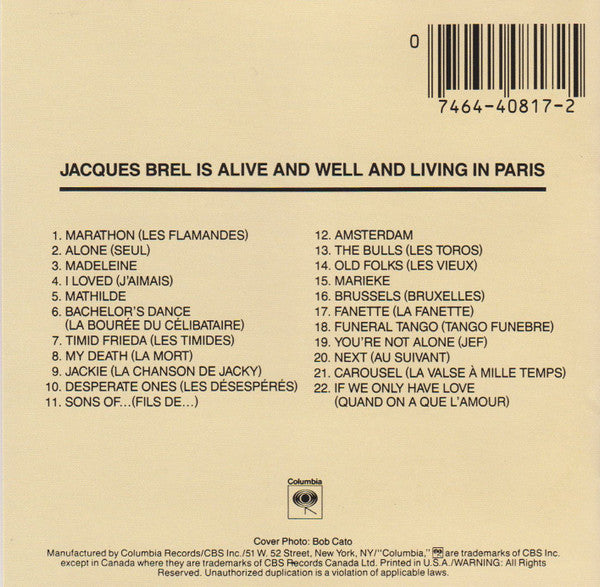 Elly Stone / Mort Shuman / Shawn Elliott / Alice Whitfield : Jacques Brel Is Alive And Well And Living In Paris (CD, Album, RE)