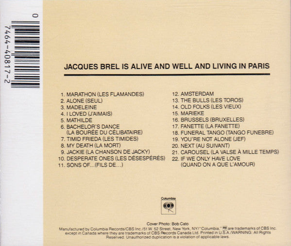 Elly Stone / Mort Shuman / Shawn Elliott / Alice Whitfield : Jacques Brel Is Alive And Well And Living In Paris (CD, Album, RE)
