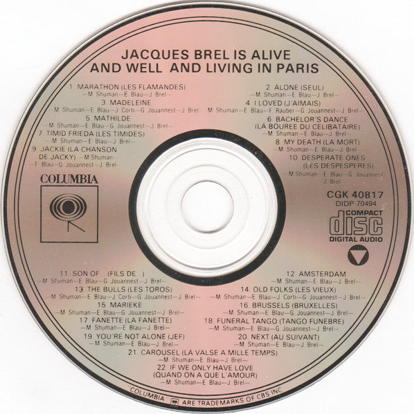 Elly Stone / Mort Shuman / Shawn Elliott / Alice Whitfield : Jacques Brel Is Alive And Well And Living In Paris (CD, Album, RE)