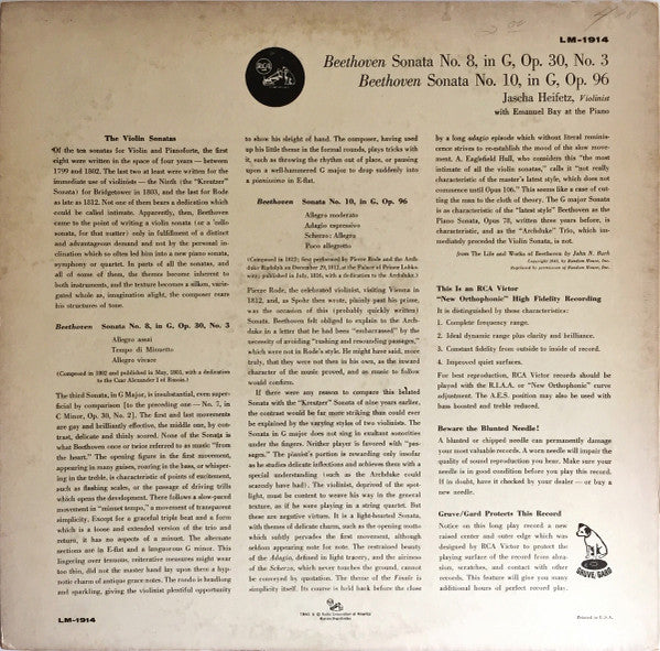 Jascha Heifetz, Ludwig Van Beethoven : Sonatas Nos. 8 And 10 (LP, Mono)