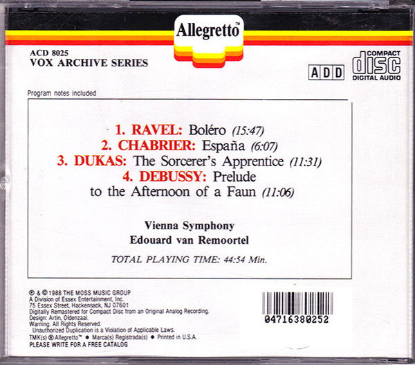Maurice Ravel, Emmanuel Chabrier, Claude Debussy, Paul Dukas, Wiener Symphoniker, Edouard Van Remoortel : Ravel/Chabrier/Debussy/Dukas (CD, Album, Comp, RM)