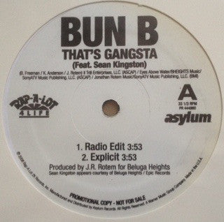 Bun B Feat. Sean Kingston : That's Gangsta (12", Single, Promo)