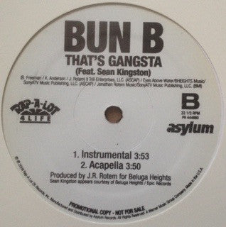 Bun B Feat. Sean Kingston : That's Gangsta (12", Single, Promo)