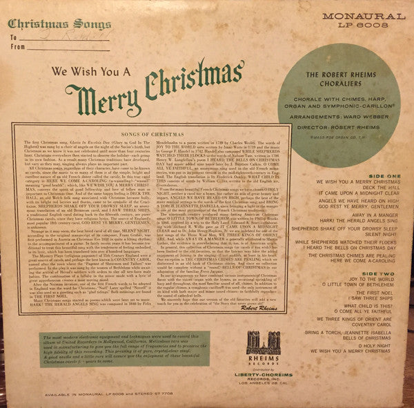 The Robert Rheims Choraliers : We Wish You A Merry Christmas (LP, Album, Mono, Gre)